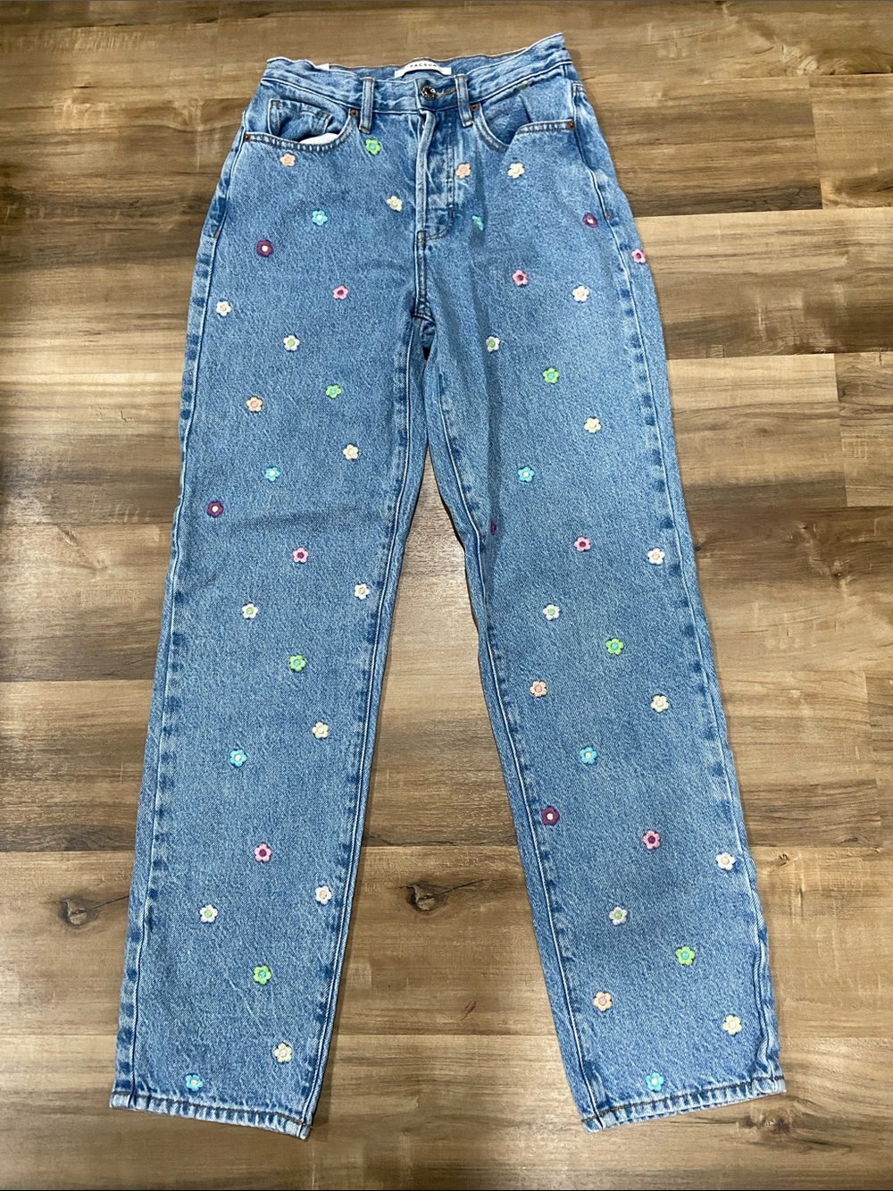 PacSun Light Blue High-Rise Jeans with Multicolor Flower Embroidery